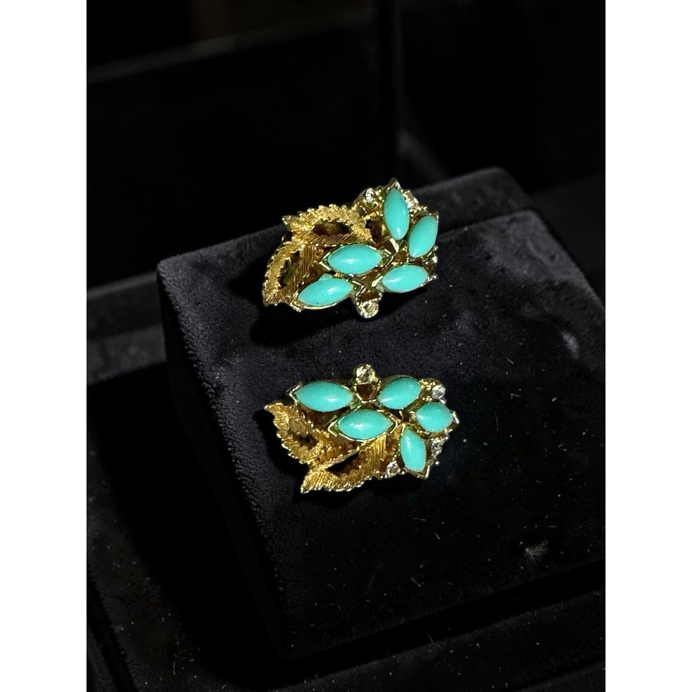 Vintage Kramer Turquoise Glass Leaf Cluster Clip-On Earrings Gold Tone - Picture 9 of 9